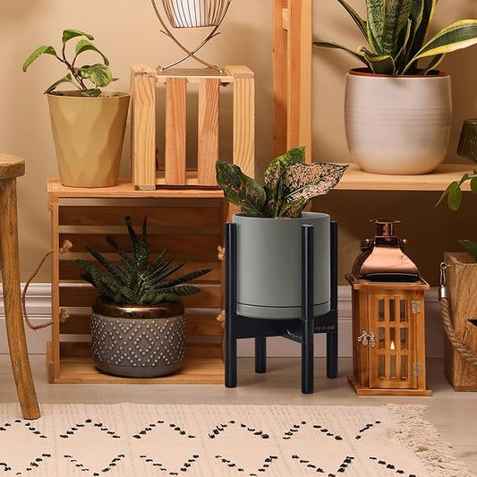 D'vine Dev Ceramic Planter with Ebony Stand - 8 Inch Modern Round Flower Pot with Wood Planter Holder, Grey, 55-B-M-3