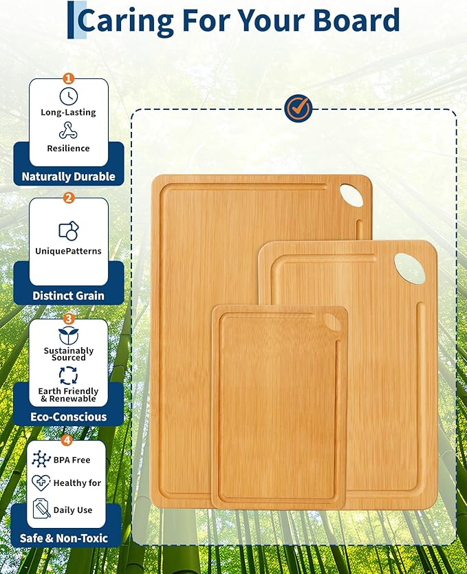 Garvee Bamboo Cutting Board Set of 3, Multi-Sizes Kitchen Cutting Boards with Deep Juice Grooves & Built-in Handle, Wooden Chopping Boards for Charcuterie, Vegetables & Fruit
