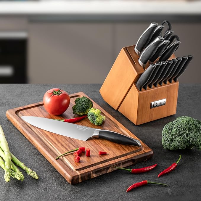 Wood Kitchen Set Knife Set for Kitchen with Block Stainless Steel Knives 17 Pcs and Cutting Board with Groove,Black Handles and Sharp Stainless Steel Professional Chef Knife Set