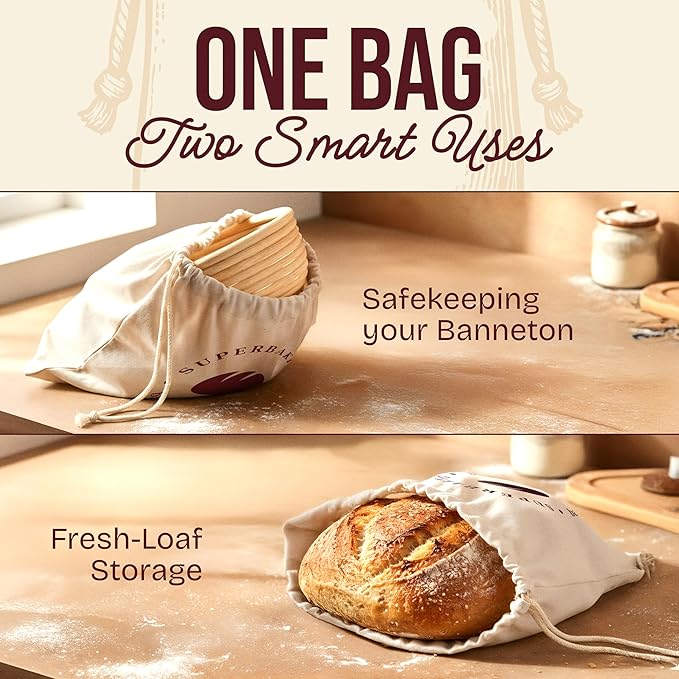 Superbaking Banneton Bread Proofing Basket Set of 2, 9" Splinter-Free Round Rattan Bread Basket with Liners, Sourdough Starter Kit, Sourdough Bread Baking Supplies & Sourdough Kit, Bread Making Tools