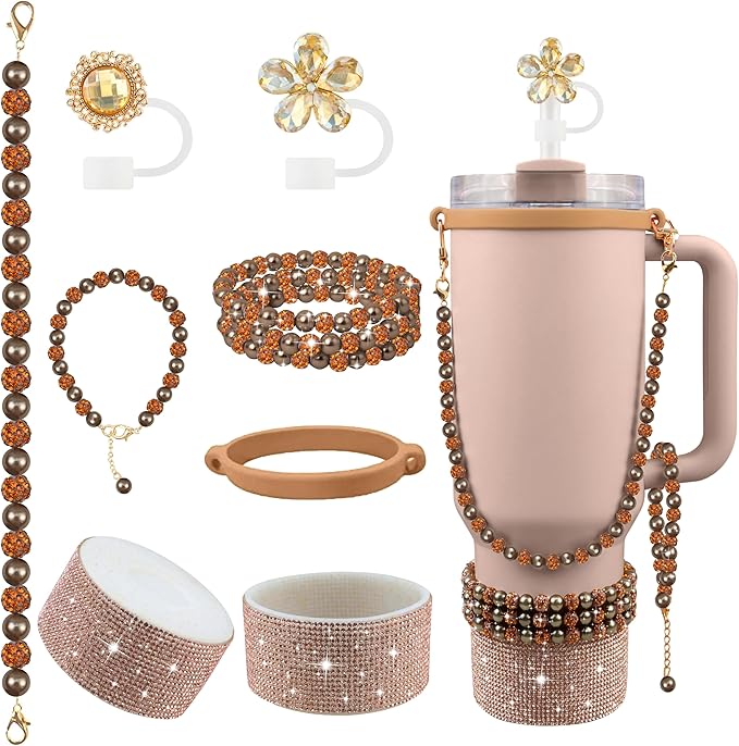 9PCS Brown of Stanley Cup Accessories Set 30/40 OZ Bling Pearl Rhinestones Charms for Stanley Decorations Tumbler Accessories Including Flower Straw Topper, Rhinestones Boot 30/40 OZ
