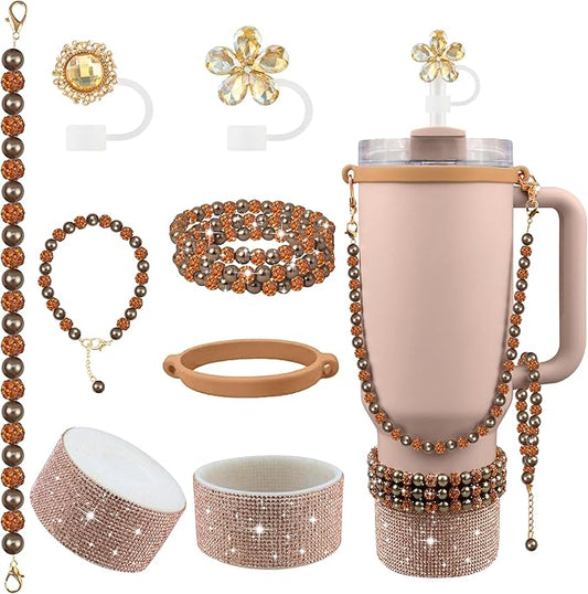 9PCS Brown of Stanley Cup Accessories Set 30/40 OZ Bling Pearl Rhinestones Charms for Stanley Decorations Tumbler Accessories Including Flower Straw Topper, Rhinestones Boot 30/40 OZ