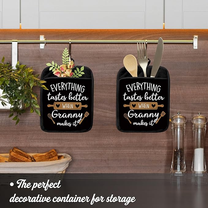 Granny Gifts Pot Holders with Pockets, Grandma Kitchen Gifts, Everything Tastes Better When Granny Makes It Pot Holders Heat Resistant Oven Mitts Hot Pads for Kitchen Baking Cooking