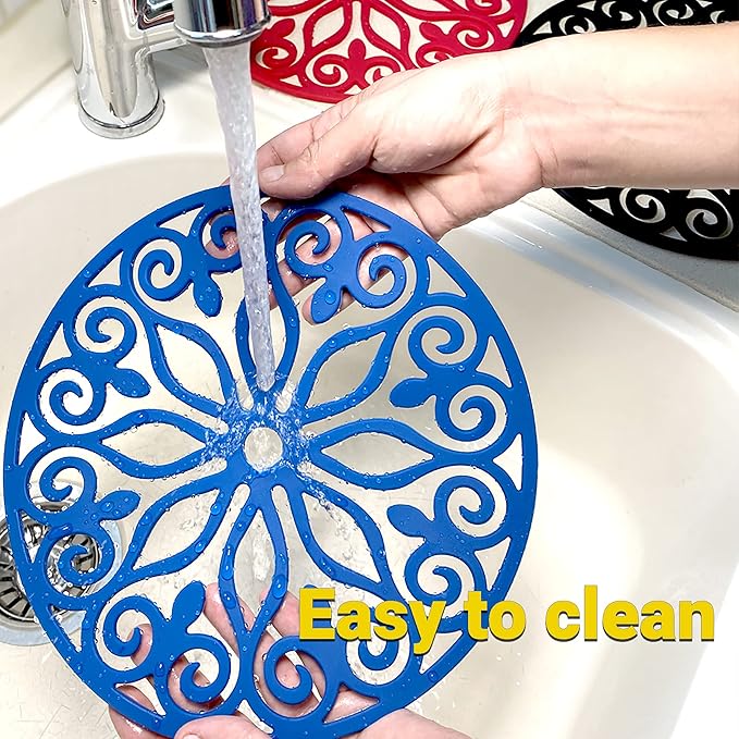 3 Set Silicone Trivet Mats with 1 Extra Large Included | Intricately Carved Insulated Flexible Durable Non Slip Thick Round Premium Trivets for Hot pots and Pans | Tardis Navy Blue