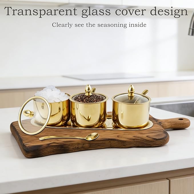 Sugar Bowl Set - 3 Grid Condiment Jars with Glass Lids & Spoon、Reusable Stainless Steel Canisters with Tray for Sugar, Spice, Salt - Stylish Kitchen Storage Containers