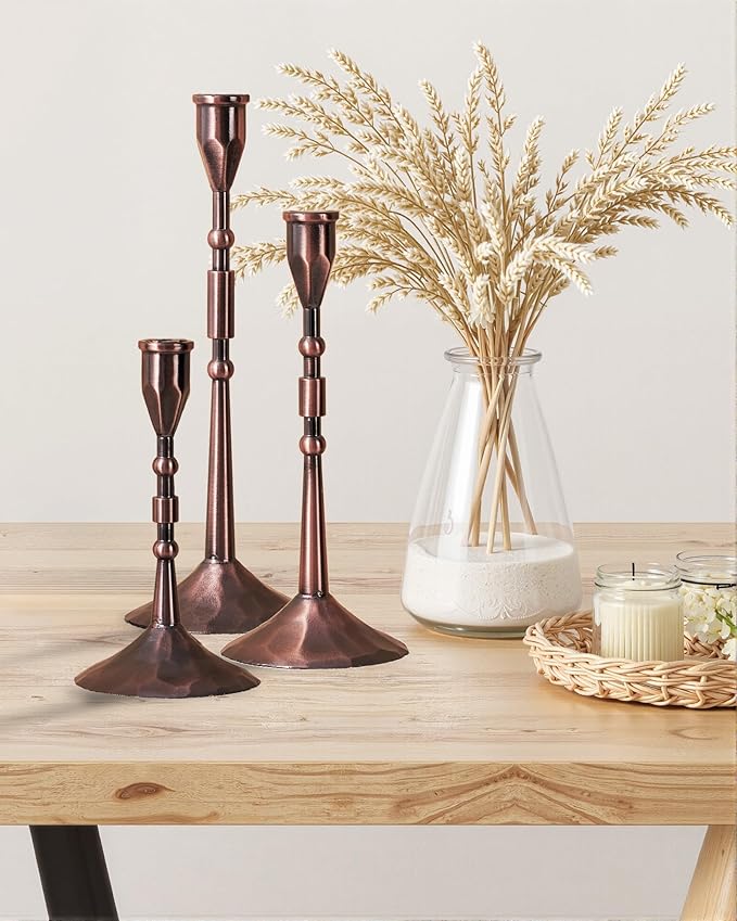 Vintage Taper Candle Holders Set | Handmade 3-Piece Candlestick Decor for Table Centerpiece, Farmhouse Kitchen & Party Lighting (Reddish Bronze)