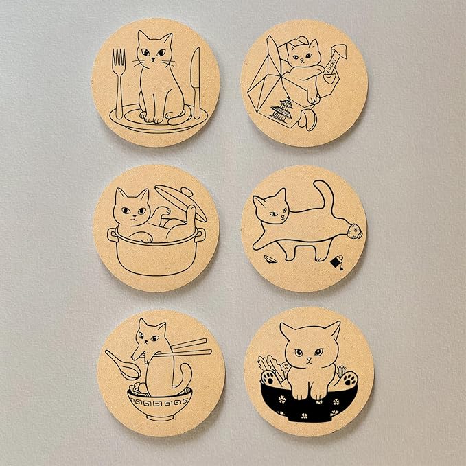 Coasters for Drinks with Holder Set of 6, Cat Cork Coaster Absorbent for Office Desk Cup Table Coasters Kitchen Decor House Warming Gifts for New Home, Round 4"