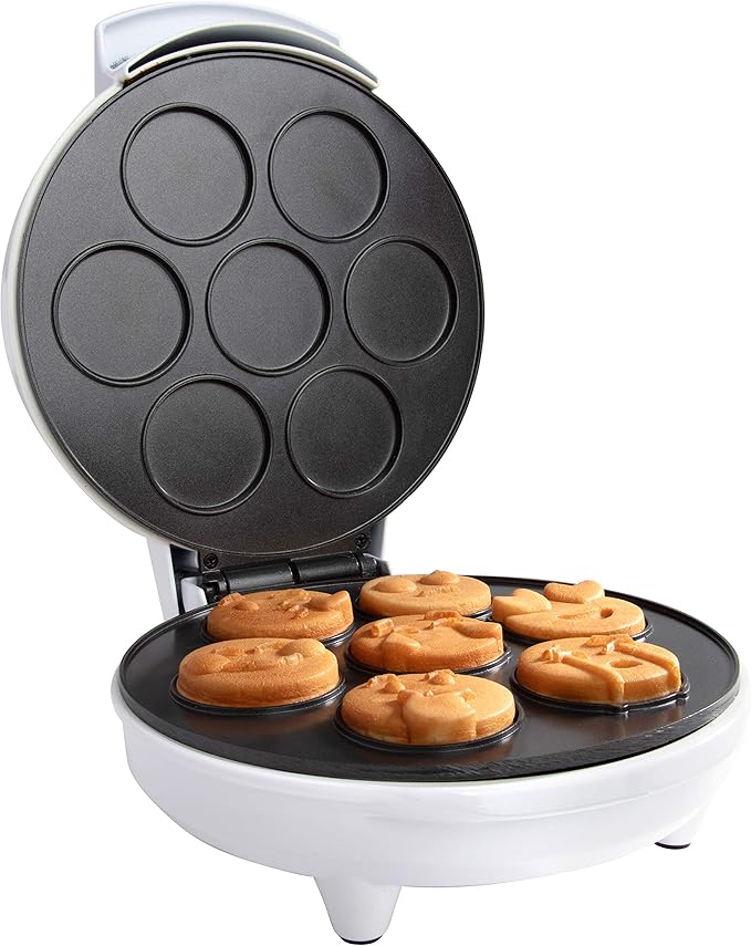 Mini Emojis Waffle Maker for Valentine's Day Breakfast- Make 7 Unique Smiley Face Waffles Pancakes for Kids- Electric Non-Stick Iron Feat Kiss Face Heart Eyes & Smile w Recipe Guide- Licensed by Emoji