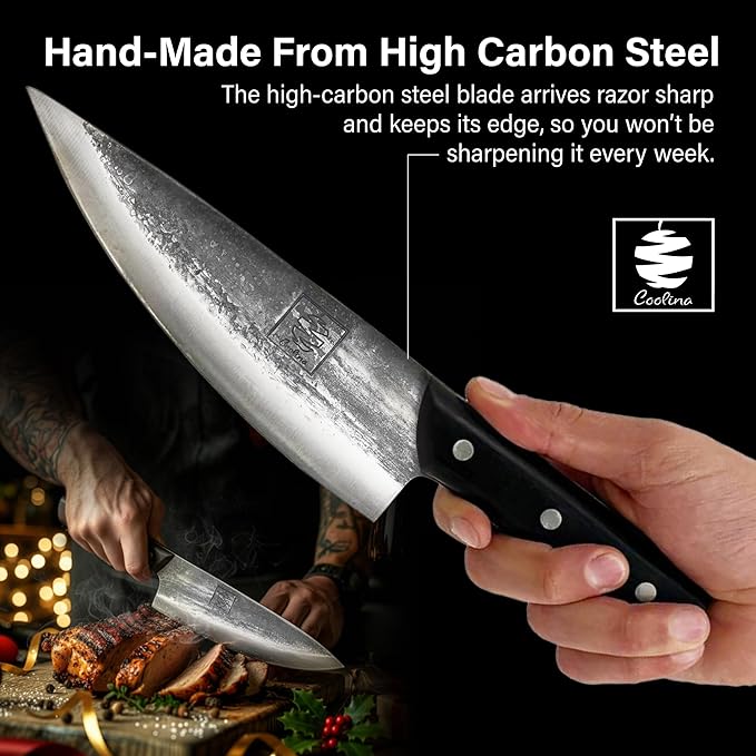 COOLINA Altomino and Tungsten Knife Set – Hand-Forged Chef Knife and Precision Slicing Knife Bundle – High Carbon Steel Full Tang Butcher Knives for Meat, Veggies, BBQ & Kitchen Prep