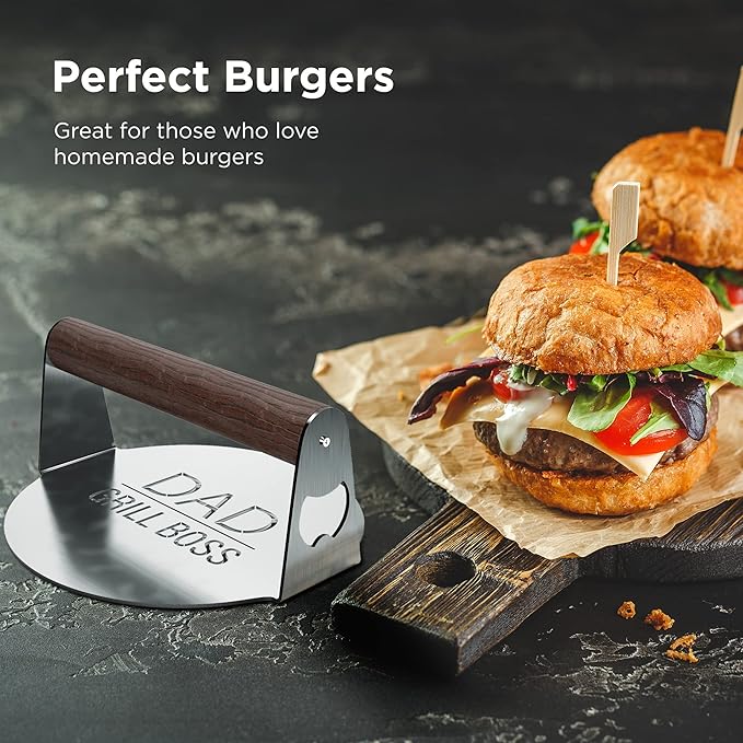 GALVANOX BBQ Press Grilling Gift for DAD The Grill Boss - Stainless Steel Smash Burger Press for Hamburger/Bacon with Wood Handle & Beer Opener (for Christmas, Birthday, Fathers Day)