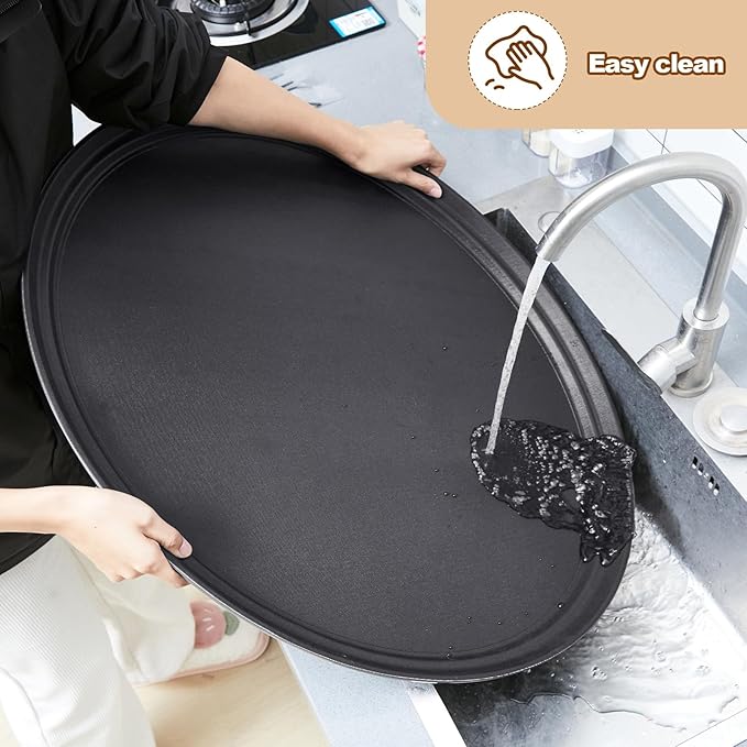 2 Pcs Restaurant Serving Trays PP Plastic Non Slip Rubber Lined Large Oval Tray for Kitchen Dining Room Cafeterias Fast Food Service (27 x 22 Inch,Black)