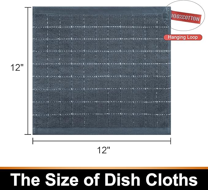 Mordimy 100% Cotton Terrycloth Kitchen Towels and Dishcloths Sets, Soft and Absorbent Checkered Dish Towels, Quick Drying Dish Rags for Washing Dishes, 4 Pack 16" x 26" & 4 Pack 12" x 12", Grey