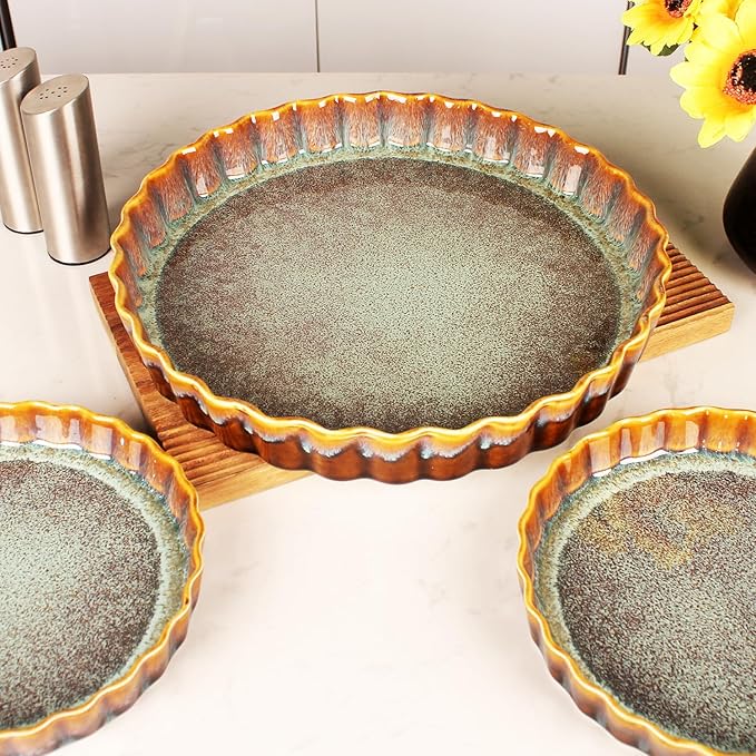 jinsongdafa 11.6 Inch Large Quiche Tart Pans Pan, 1.4 Qt Ceramic Au gratin pans, Fluted Ruffled Edge for Quiche Baking Dish/Pie Pan - Microwave Freezer Dishwasher Oven safe - Great Gift for Bakers