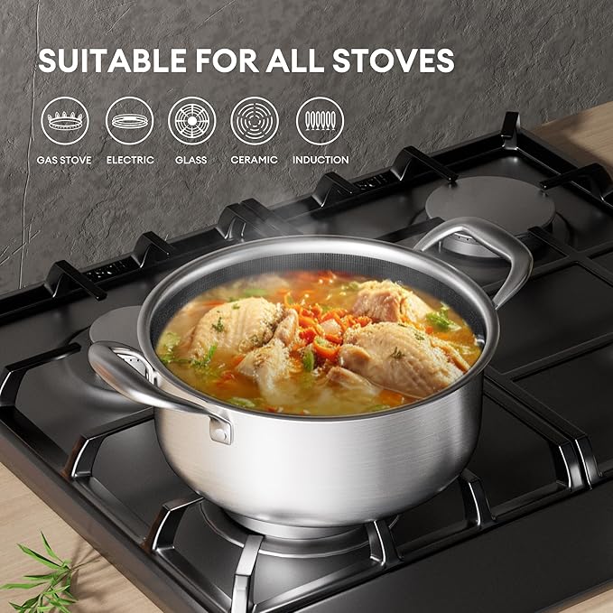 COOKER KING Hybrid Nonstick 6 Pcs Pot Set, 1.5 & 2QT Saucepan and 5-Quart Pots with Glass Lids, Induction Stainless Steel Cookware, Stay-Cool Handles, Dishwasher Safe, Compatible with All Cooktops