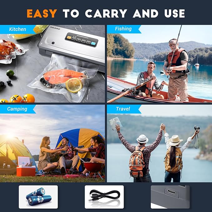 INKBIRD Rechargeable Cordless Vacuum Sealer Machine with 20Ft Bag Storage and Cutter, 5 Food Modes with Starter Kits, Portable & Airtight Vacuum Food Sealer for Camping Fishing Picnic