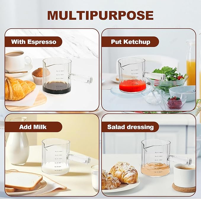 Glass Espresso Cup 6 OZ, Double Shots Measuring Cup with Glass Handle for Dishwasher Safe, Double V-Shaped Spout Milk Frothing Pitcher, Espresso Accessories for Machine, Demitasse Cups