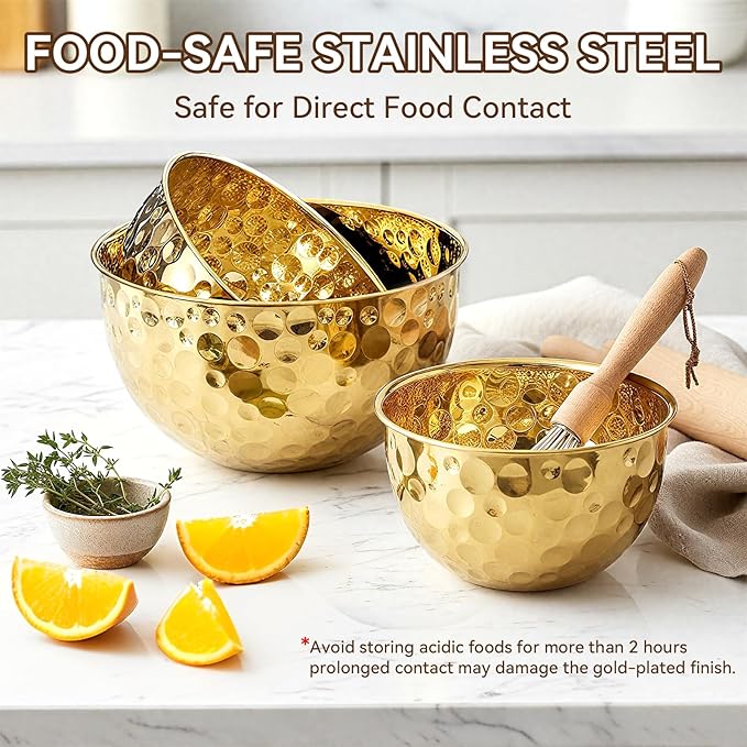 Gold Mixing Bowls Hammered Mixing Bowl Set, Stainless Steel Golden Finish Decorative Serving Bowls for Kitchen, 3 Piece Salad Bowl for Prepping Cooking Baking Serving Gold Serving Bowls for Home Decor