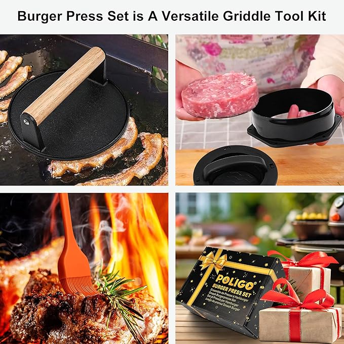 POLIGO Smash Burger Press Kit - 4 in 1 Hamburger Patty Storage Containers,6.69" Round Cast Iron Smash Bacon Press- Non Stick Smash Burger Press Set for Grill and Griddle Cooking