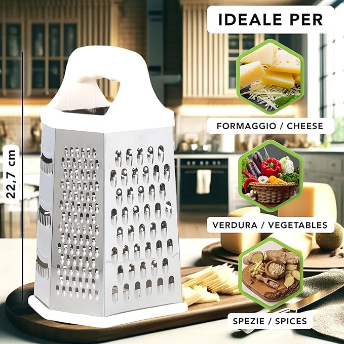 Stainless Steel 6-Sided Cheese Grater – 23 cm – Vertical Grater Six Blades with Ergonomic Handle for Grating Cheese, Vegetables, Lemon, Fruits Chocolate – Hexagonal Multi-Purpose