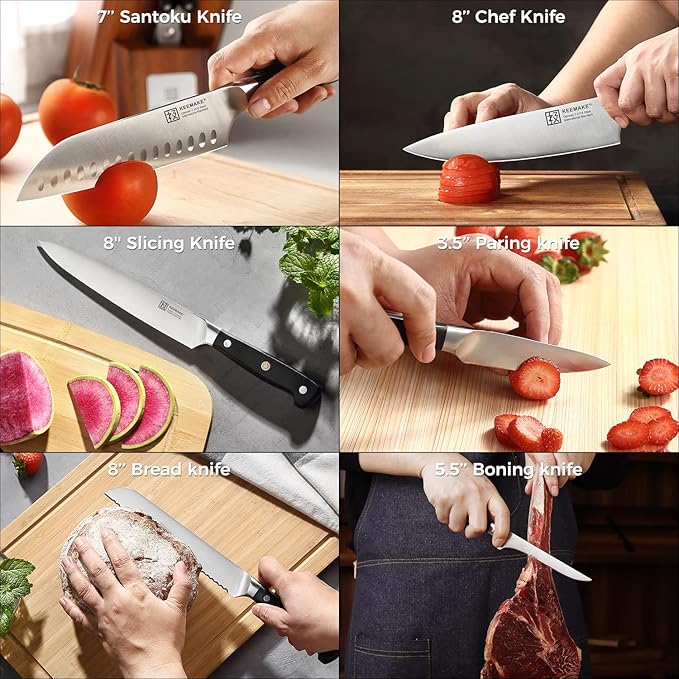 KEEMAKE Kitchen Knife Set with Block, 8Pcs Razor Sharp Chef Knife Set, High Carbon Stainless Steel Knife Block Set with Kitchen Scissors, Cooking Knives for Meat Vegetable Fruit