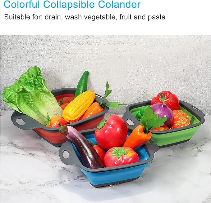 Collapsible Colander, 2 Pcs Red Silicone Kitchen Strainer for Draining Pasta, Vegetable and Fruit with Extendable Handles & Dishwasher-Safe by Polerce