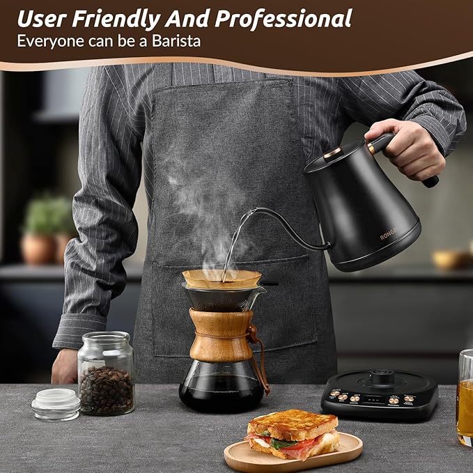 RONGBEST Electric Gooseneck Kettle, 1200W, 6 Temperature Settings, Stainless Steel Inner Lid & Bottom, 1L Quick Heating Pour Over Kettle for Coffee & Tea, Matte Black