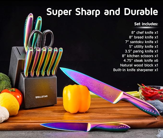 WELLSTAR Rainbow Knife Set 14 Pieces, Iridescent German Stainless Steel Kitchen Knives Set with Wooden Block, Colorful Titanium Coating, Chef’s Knife Block Set with Scissors and Built-in Sharpener