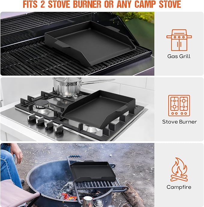 Onlyfire Universal Cast Iron Cooking Griddle for Grills and 2 Burner Range Oven, Non-Stick BBQ Flat Top Griddle with Handles for Outdoor Cooking, 18.1" x 12.2"