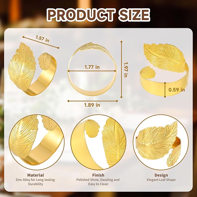 Napkin Rings Set of 24, Shiny Gold Napkin Rings, Smooth, Easy Care, Solid Metal Laurel Leaf Shaped Elegant Table Decor, Stylish Napkin Ring Bulk for Holidays Wedding, Party, New Homes Gift