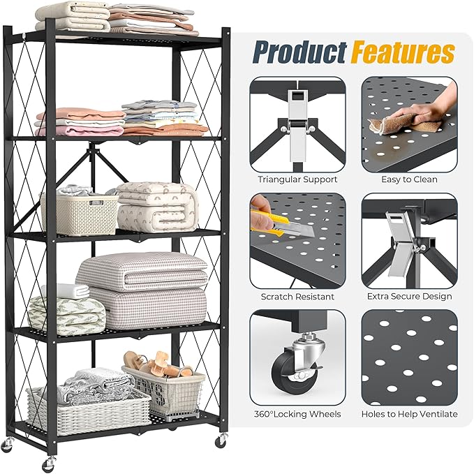 5-Tier Folding Metal Storage Rack - 63" Heavy-Duty Steel Frame with Wheels, No Assembly Utility Organizer, Rolling Shelving Unit for Kitchen, Garage, Pantry, Bedroom (Black, 5 Tier)
