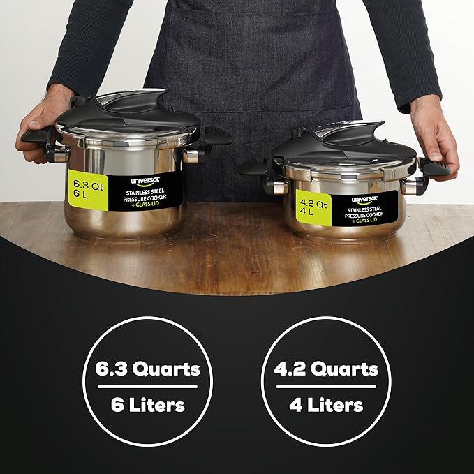 Universal (6.3 Quart / 6 Liter) Stainless Steel Easy Use Pressure Cooker + Extra Glass Lid, Induction Compatible, Pressure Cooker & Multipurpose Pot, 7 servings