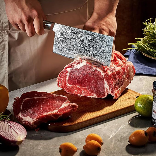 SENKEN 7" Damascus Steel Cleaver Knife - Dynasty Collection - 67-Layer Japanese VG10 Steel w/ Sycamore Wood Handle, Razor Sharp Double Bevel 15° Edge