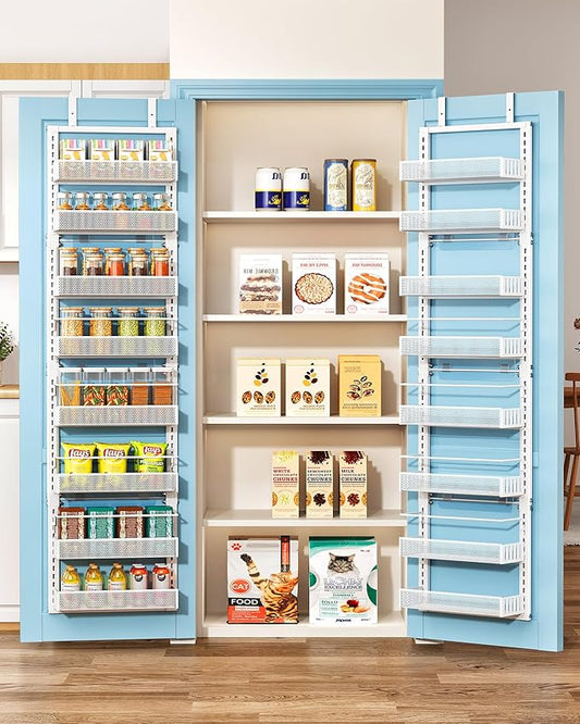 SNTD Over the Door Pantry Organizer - 8 Tier Adjustable Pantry Door Spice Organizer, Large Capacity Hanging Door Spice Rack for Kitchen Pantry Organizers and Storage (White, 12.3" W x 4.7" D x 69" H)