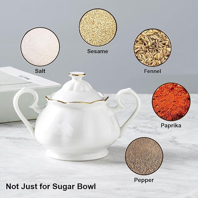Sugar Bowl with Lid, Ceramic Sugar Jar with Handle, Sugar Dispenser Sugar Container for Coffee Bar Accessories, Sugar Bowls for Kitchen Countertop, White