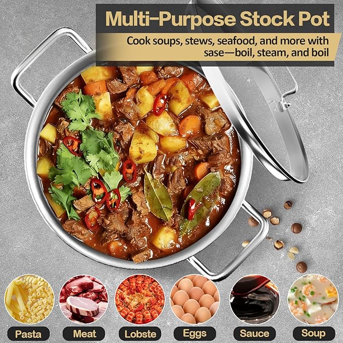 Stainless Steel Stockpot – 40QT Stock Pot with Lid, Heavy-Duty Tri-Ply Bottom Cooking Pot for Canning, Boiling Beer Brewing, Soup, Seafood Boil – Satin Finish Stainless Steel Soup Pot