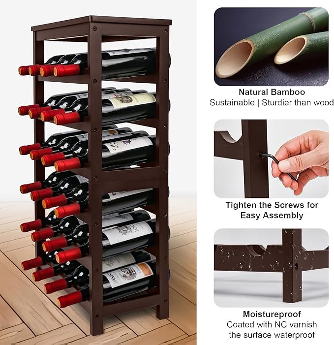 VASMIA Wine Rack Free Standing Floor, 6-Tier Display Wine Storage Shelves with Table Top, 24-Bottle Bamboo Wine Rack Shelf for Kitchen Bar Dining Room Living Room, Brown