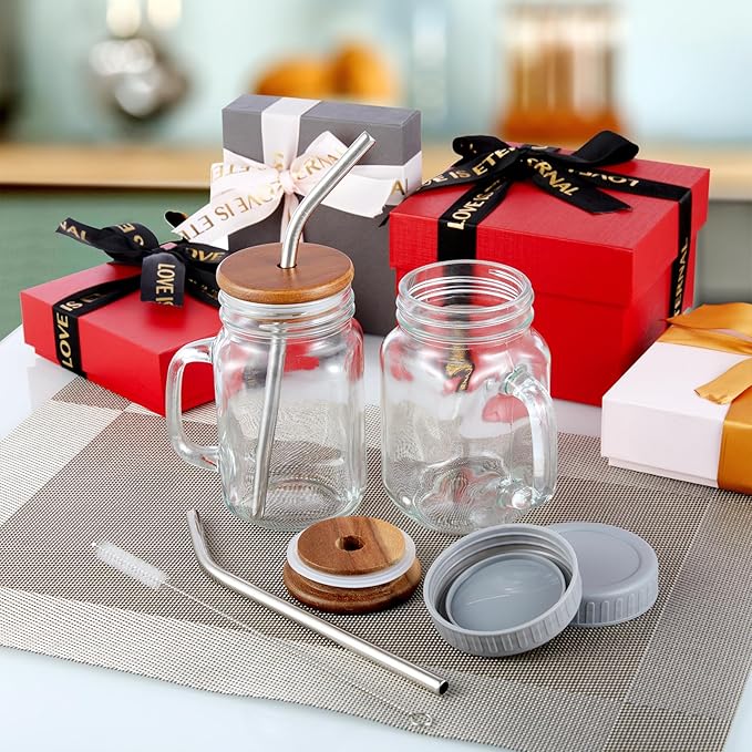 DRASTAR Iced Coffee Cup, 16 oz Mason Jar Cups with Handle, Small Glass Coffee Mugs with Straws and Acacia Lids, Drinking Glass Cups Set of 2, Smoothie, Overnight Oats Containers