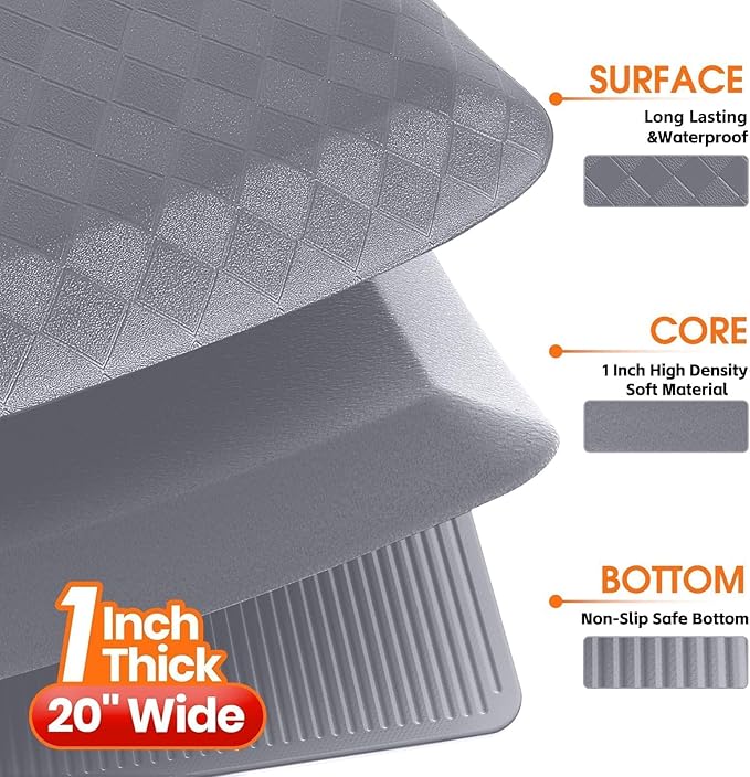 StepRite 1” Thick Kitchen Mats for Floor, Anti Fatigue Kitchen Rugs, Non-Slip,Heavy Duty Waterproof Kitchen Rug, Standing Desk Mat, Gifts for Friends, Family, Home, Kitchen, Office (32" x 20", Grey)