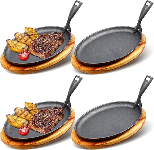 FoldTier 4 Sets Cast Iron Skillet Set 10.63'' x 6.89'' Fajita Plate Sizzling Pan with Wooden Base Anti Scald Protection Removable Handle for Restaurant Kitchen Cooking Accessory BBQ Party