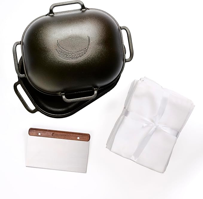 Challenger Bread Pan Bundle – Cast Iron Loaf Pan with Lid, 12 Flour Sack Towels & Bench Knife for Homemade Bread Baking – Sealed Bread Cloche Inverted Dutch Oven Set – Made in the USA