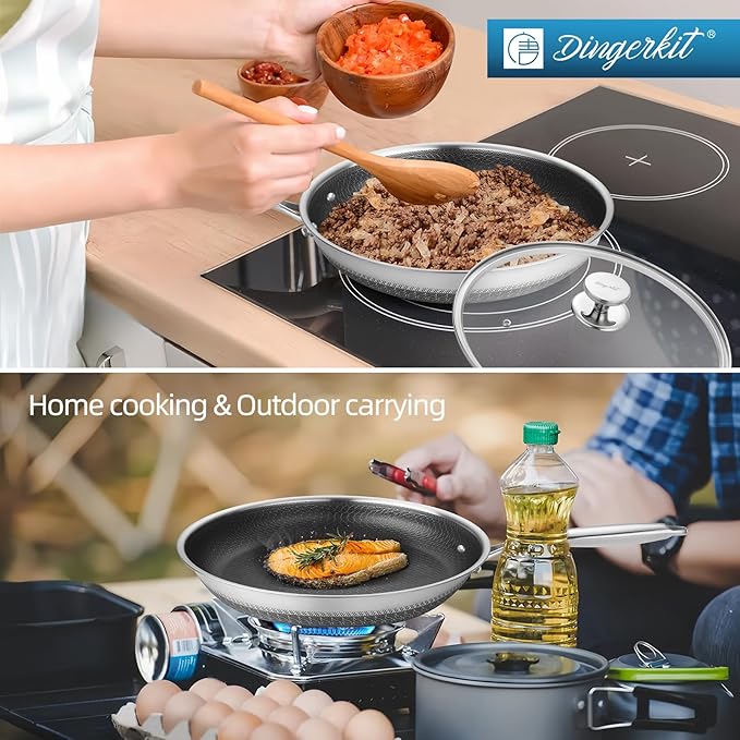 Dingerkit Non Stick Frying Pans, Stainless Steel Nonstick Fry pan with Honeycomb for Kitchen Cooking - 11” Skillet with Lid for Cookware - Works with Induction Cooktop Ceramic and Gas.