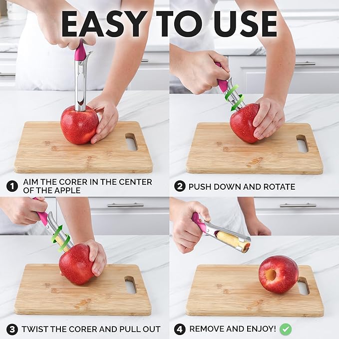 Zulay Kitchen Premium Apple Corer Tool - Ultra Sharp, Stainless Steel, Serrated Blades for Easy Coring - Easy to Use & Clean, Durable Apple Corer Remover for Baking Apples & More - Hot Pink