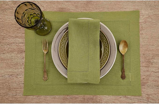 Solino Home Linen Napkins Set of 4 - Classic Hemstitch 100% Pure Linen Avocado Green Dinner Napkins Cloth 20 x 20 Inch for Winter, Spring, Easter, St Patricks Day - Handcrafted and Machine Washable