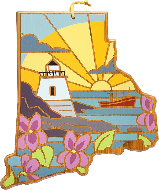 Totally Bamboo Rhode Island State Shaped Cutting Board and Charcuterie Serving Platter with Artwork by Summer Stokes, Includes Hang Tie for Wall Display