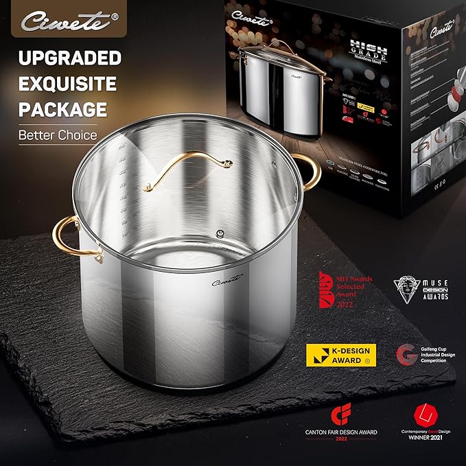 Ciwete Stock Pot 20 Quart, 3 Ply Stainless Steel Stock Pot with Lid, 20 Quart Soup Pot with Copper Handle, Healthy Stockpots, Induction, Oven, Gas and Dishwasher Safe