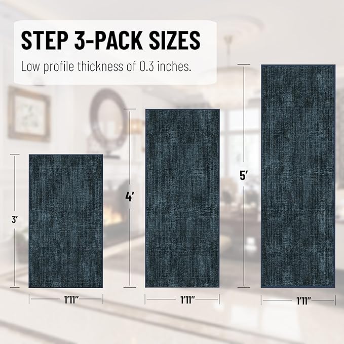 Ottomanson 3-Piece Kitchen Rug Set - Non Slip Runner & Washable Mat - 1'11" x 3' + 1'11" x 4' + 1'11"' x 5' - Durable, Stain Resistant for Entryway, Bedroom and Bathroom, Solid Charcoal Navy