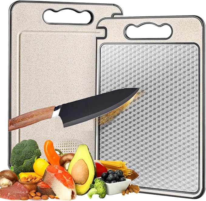 Double Sided Cutting Board for Kitchen, 304 Stainless Steel Cutting Board, 14.4"*9.8" and Wheat Straw PP, Juice Grooves, Non Slip, Reversible Chopping Board Easy to Clean, Dishwasher Safe