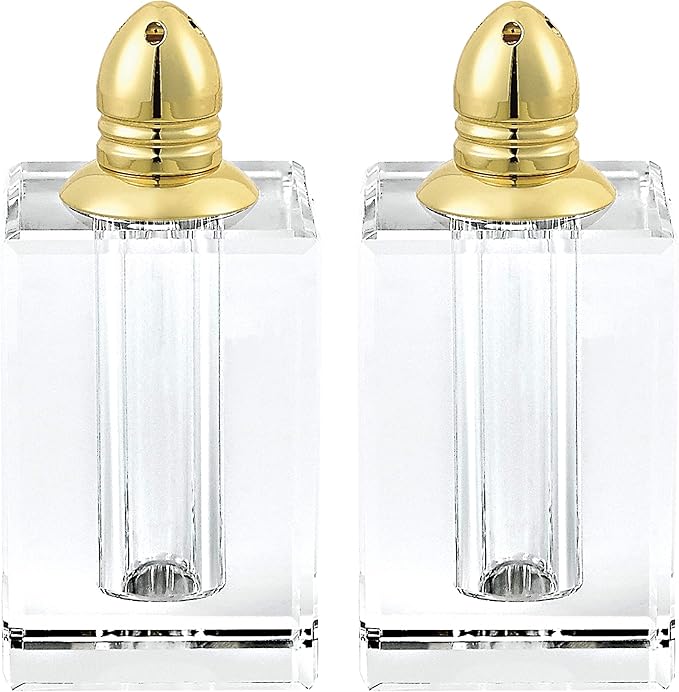 Badash Crystal Salt and Pepper Shaker Set - 3.5" Tall Spirit Hand-Cut Optical Crystal Glass Shakers with Gold Tops - Set a Beautiful Table
