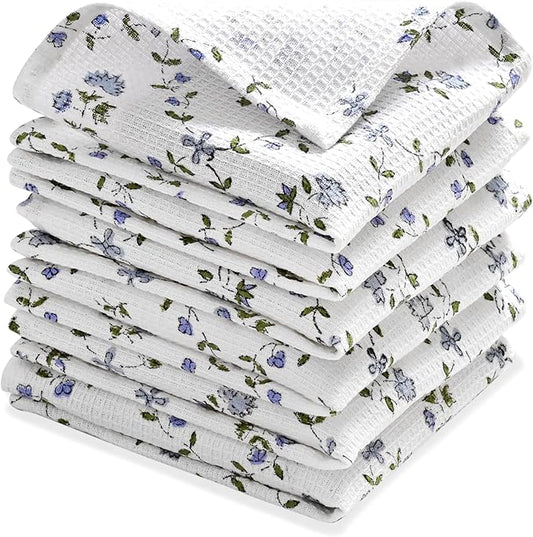 Ridhi Powder Blue Hand Block Print Cotton Waffle Dish Cloth Set of 12-12x12 Inch Super Absorbent, Soft, Reusable Kitchen Towels for Dish Drying Cleaning, Ideal for Spring, Easter, Valentine