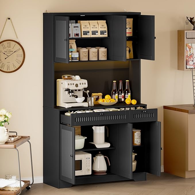 Pantry Cabinet with Charging Station and Light, Tall Kitchen Pantry Storage Cabinet with Microwave Stand, Wide Fluted Kitchen Hutch with Storage Drawers and Adjustable Shelves for Dining Room
